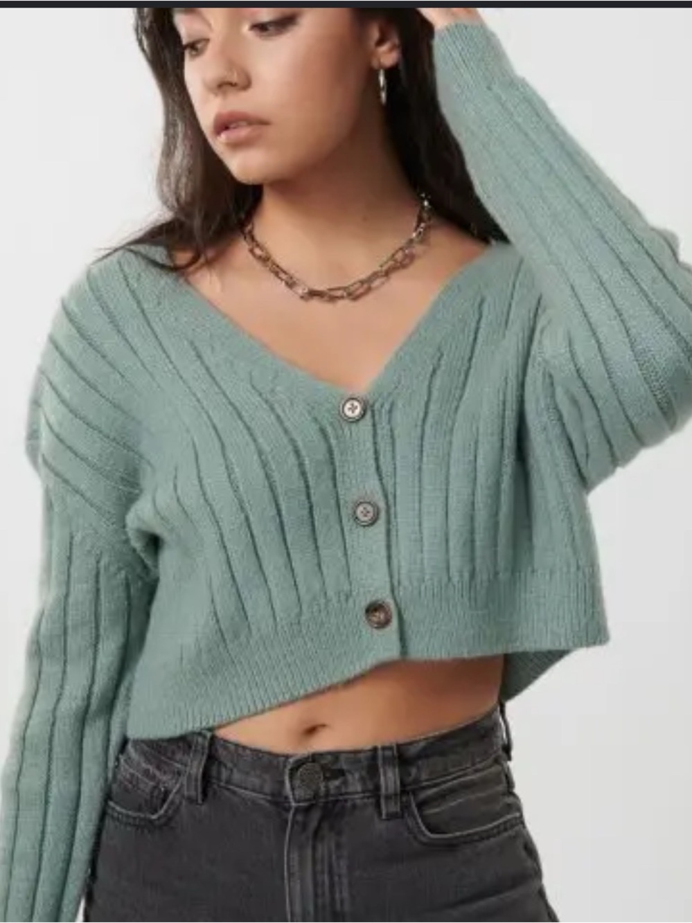Garage Sage Green Cropped V-Neck Button Cardigan